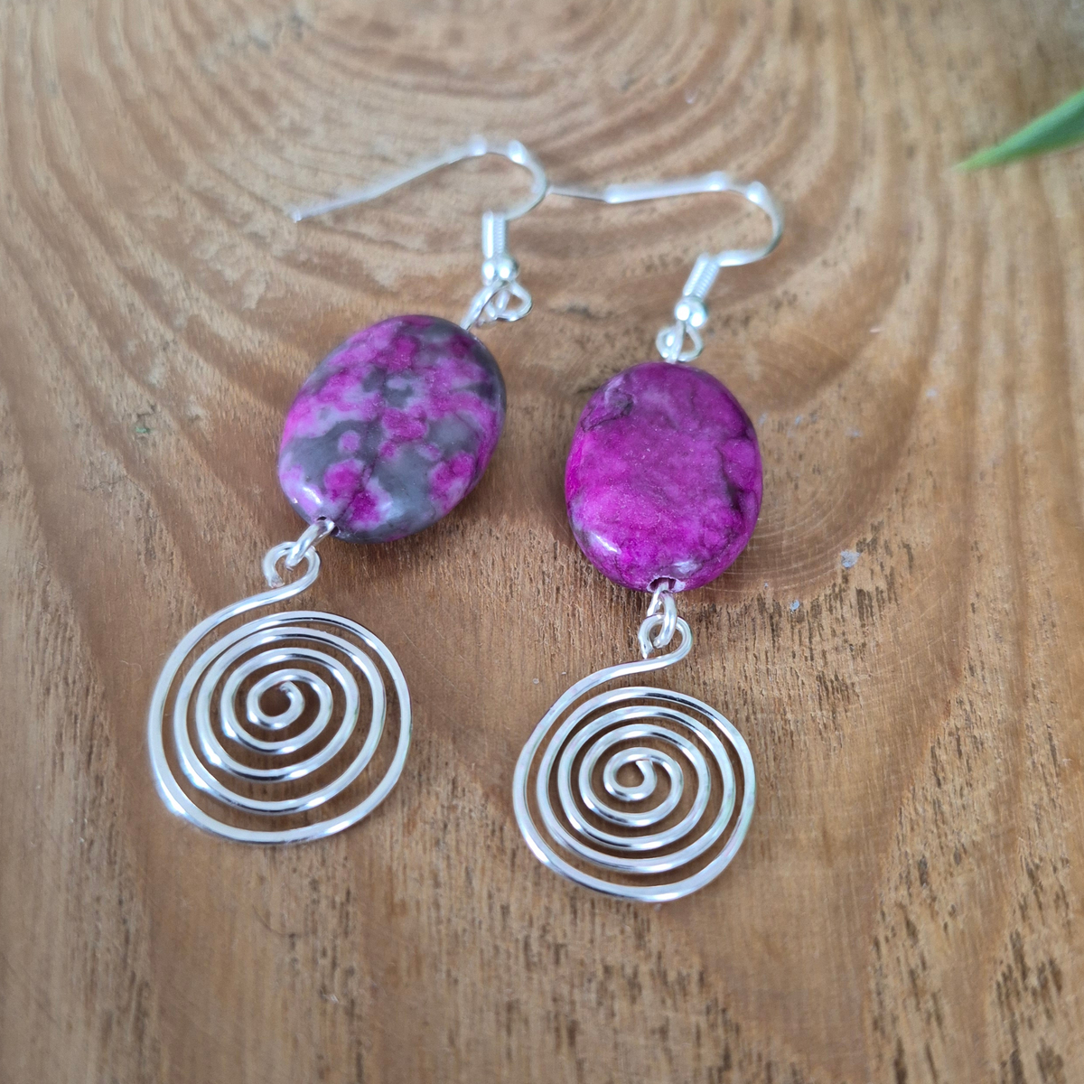 Pink Crazy Lace Agate Open Silver Spiral Earrings, Handmade Gemstone Drop Earrings, Gift for Her
