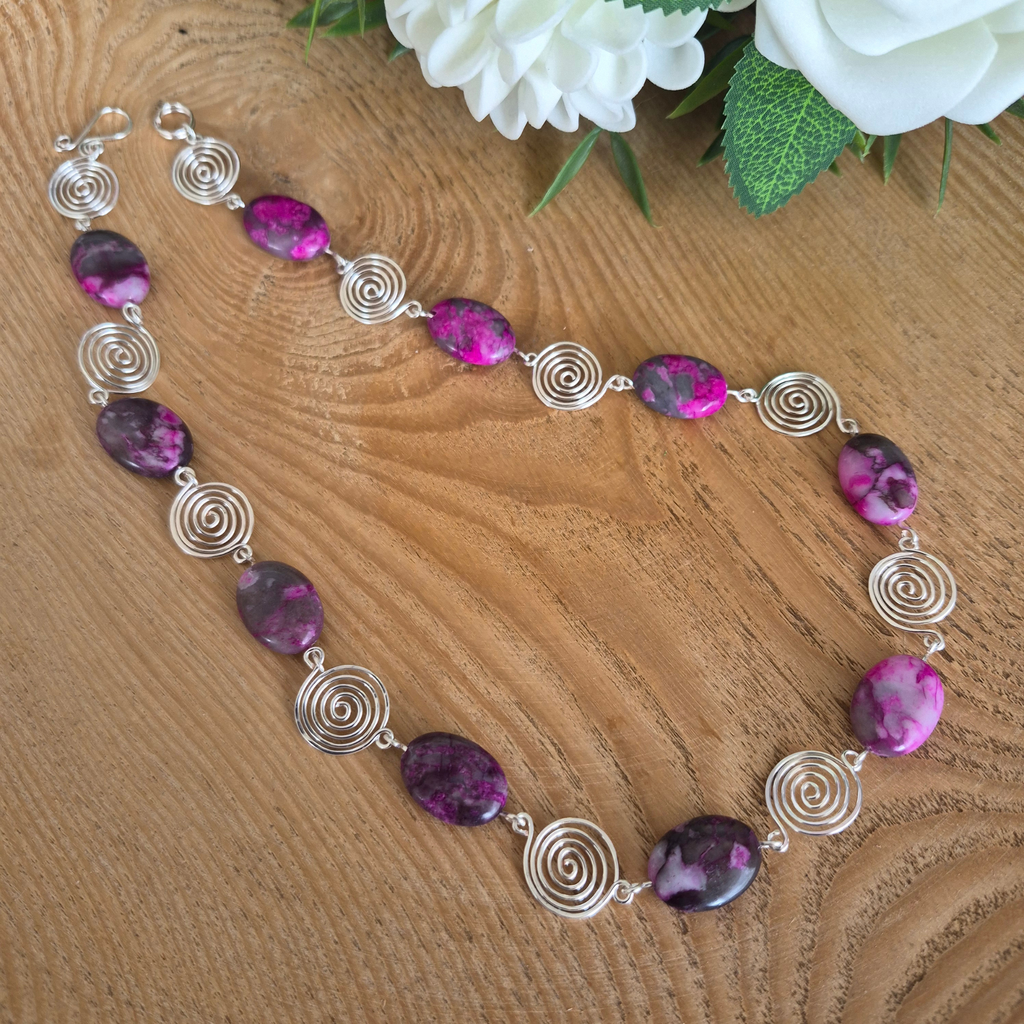 Pink Crazy Lace Agate Silver Spiral Necklace, Handmade Wire and Bead Jewellery, Gift for Her