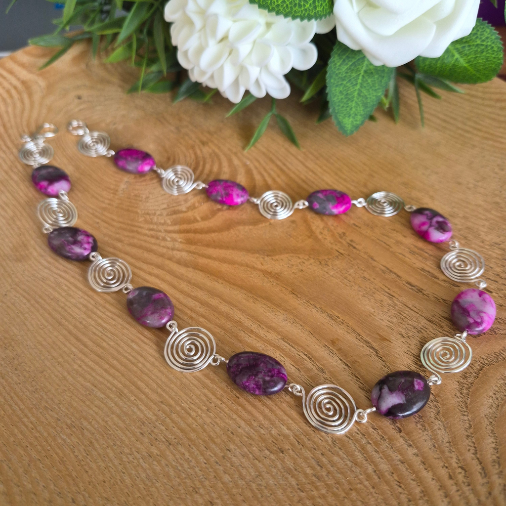 Pink Crazy Lace Agate Silver Spiral Necklace, Handmade Wire and Bead Jewellery, Gift for Her