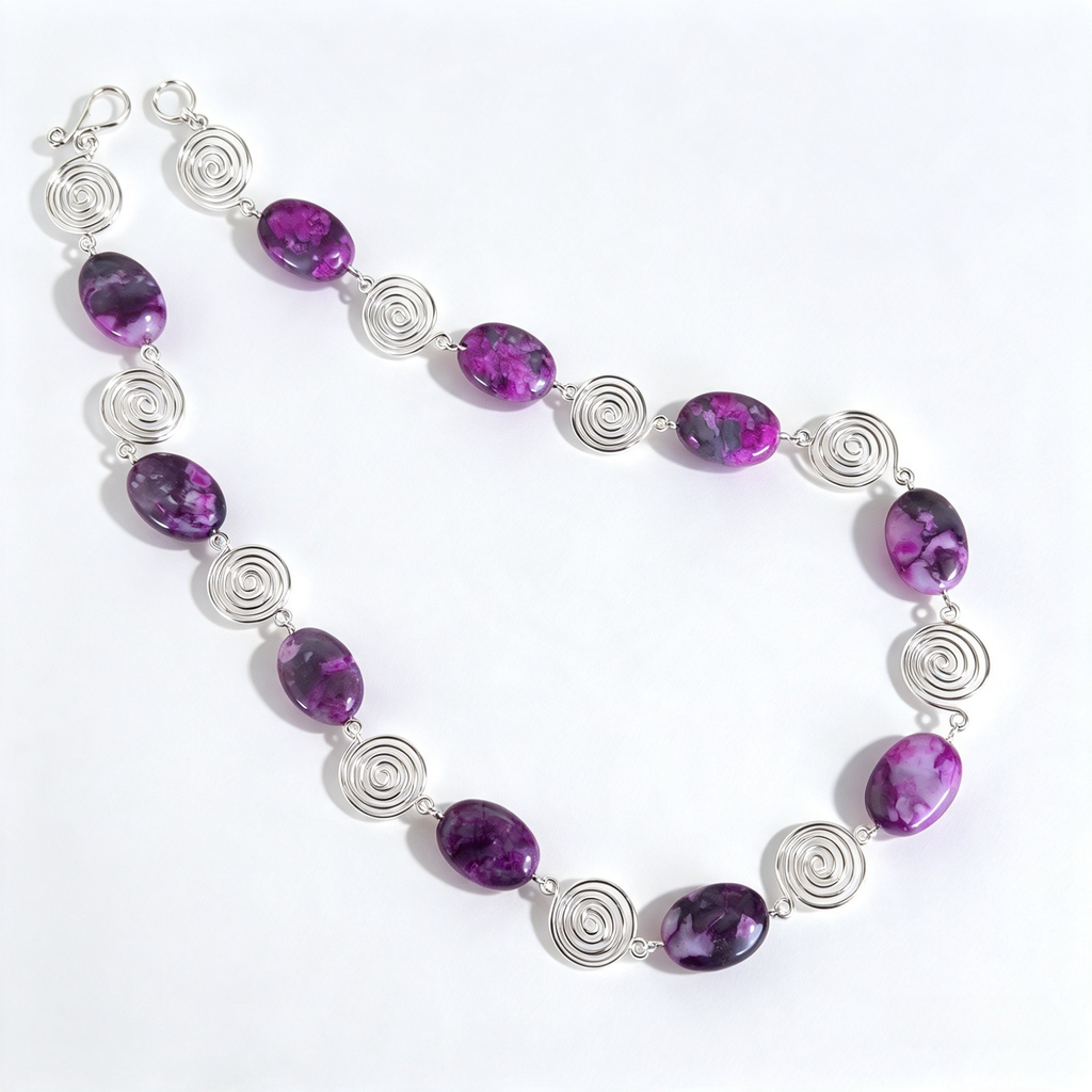 Pink Crazy Lace Agate Silver Spiral Necklace, Handmade Wire and Bead Jewellery, Gift for Her