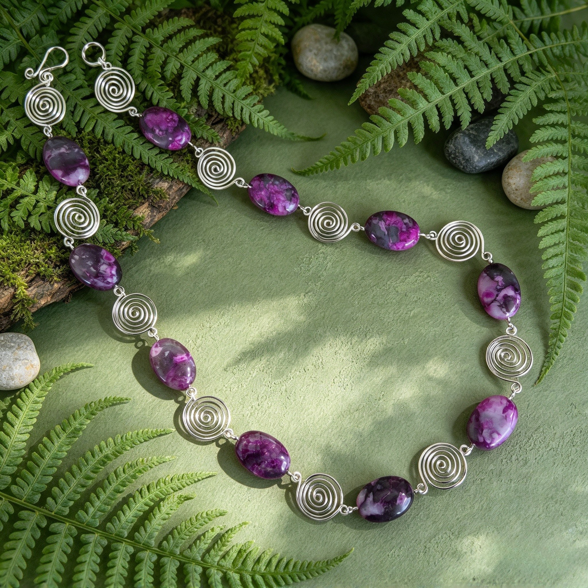 Pink Crazy Lace Agate Silver Spiral Necklace, Handmade Wire and Bead Jewellery, Gift for Her
