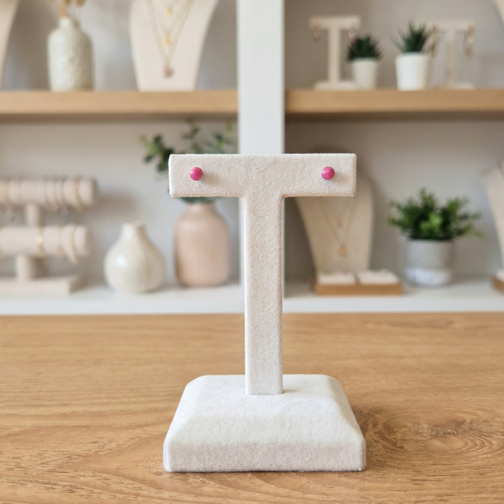 White T-shaped jewelry stand with pink earrings on a wooden surface, blurred background