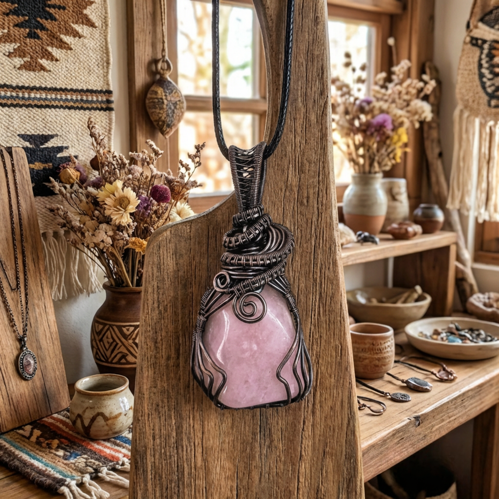 Necklace with a pink stone pendant on a wooden stand in a rustic interior setting.