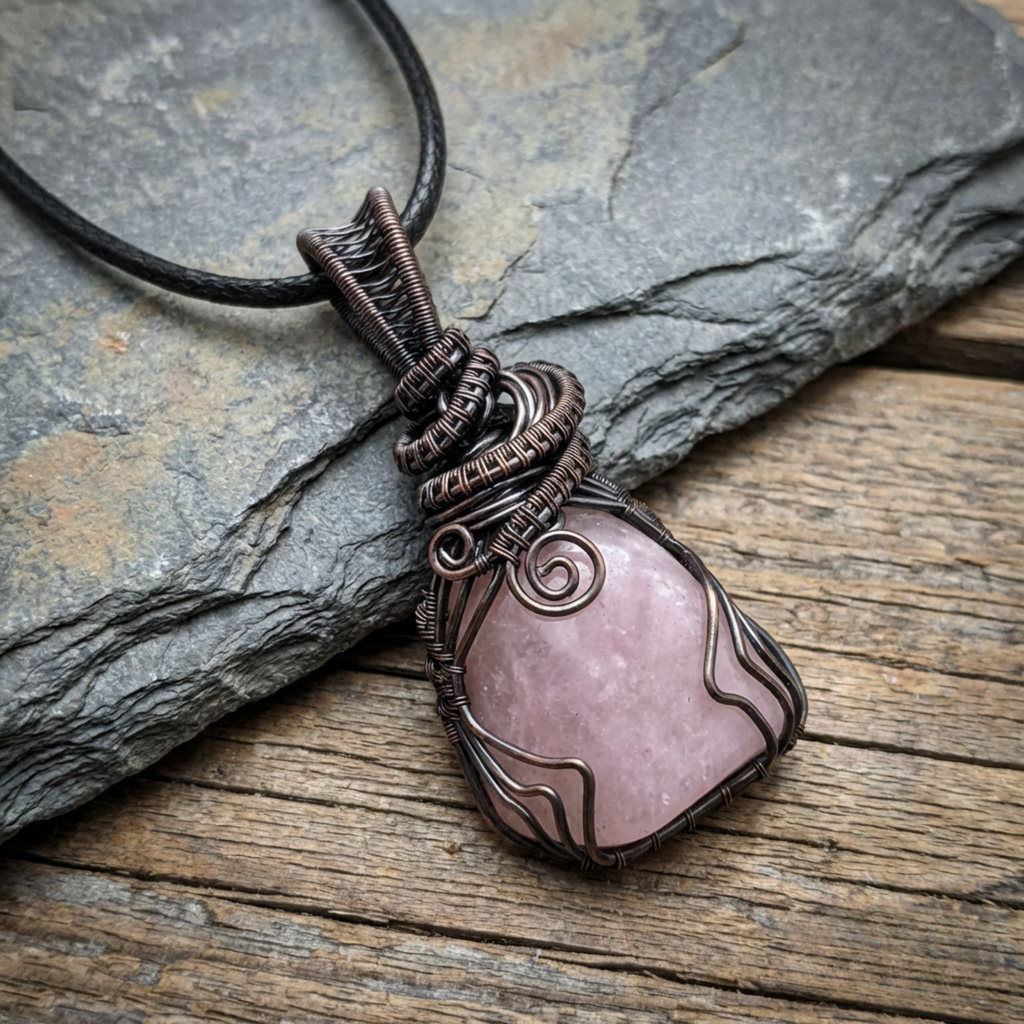 Copper-wrapped pink stone pendant on a dark cord against a rustic stone and wood background