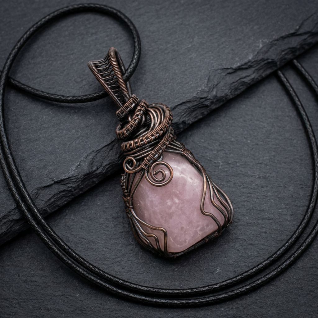 Pink stone pendant with copper wire wrapping on a dark background