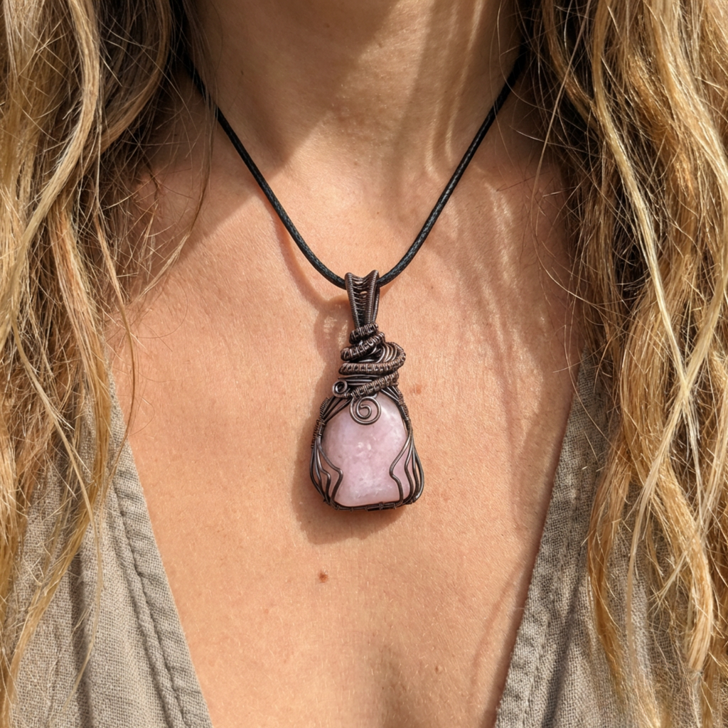 Necklace with a pink stone pendant worn by a person with long hair.