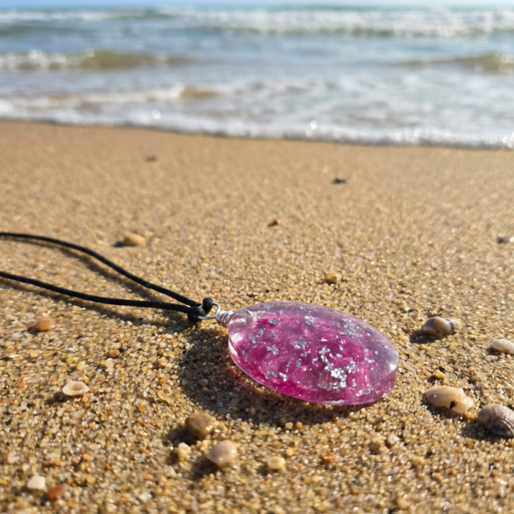 Pink stone pendant on a black cord on a sandy beach with ocean waves in the background