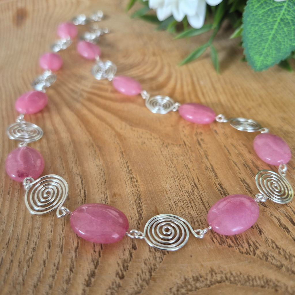 Pink Rhodochrosite Silver Spiral Necklace, Handmade Wire and Bead Jewellery, Gift for Her (Copy)