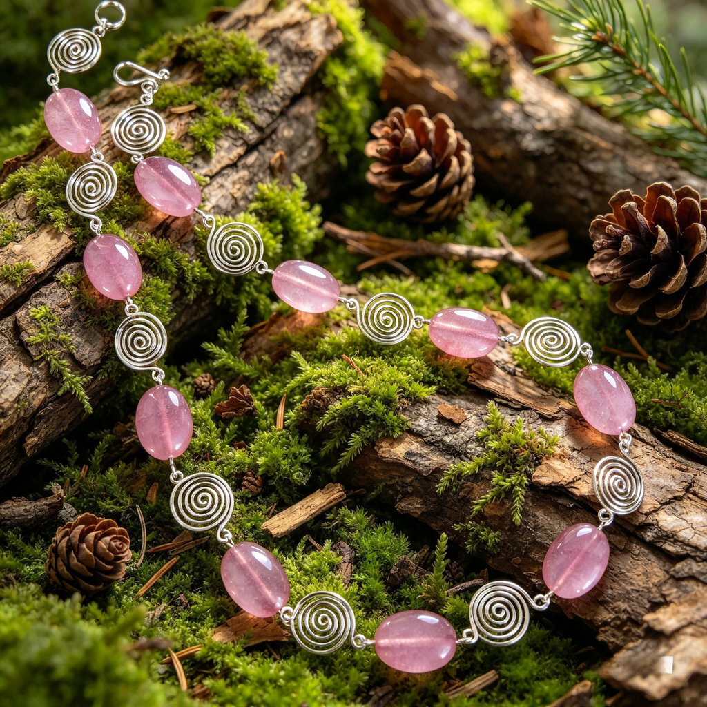 Pink Rhodochrosite Silver Spiral Necklace, Handmade Wire and Bead Jewellery, Gift for Her (Copy)