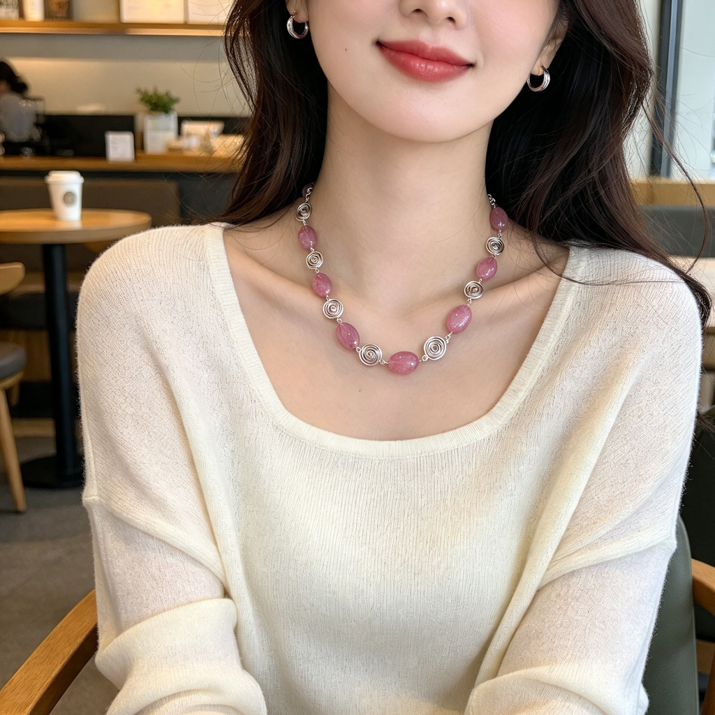 Pink Rhodochrosite Silver Spiral Necklace, Handmade Wire and Bead Jewellery, Gift for Her (Copy)