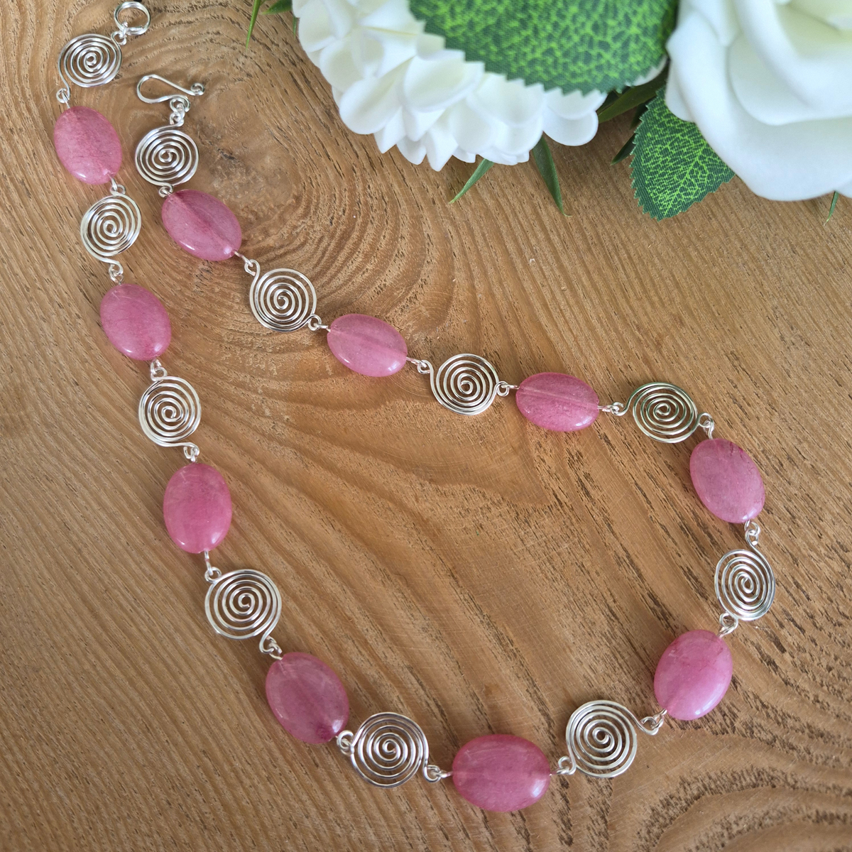 Pink Rhodochrosite Silver Spiral Necklace, Handmade Wire and Bead Jewellery, Gift for Her (Copy)