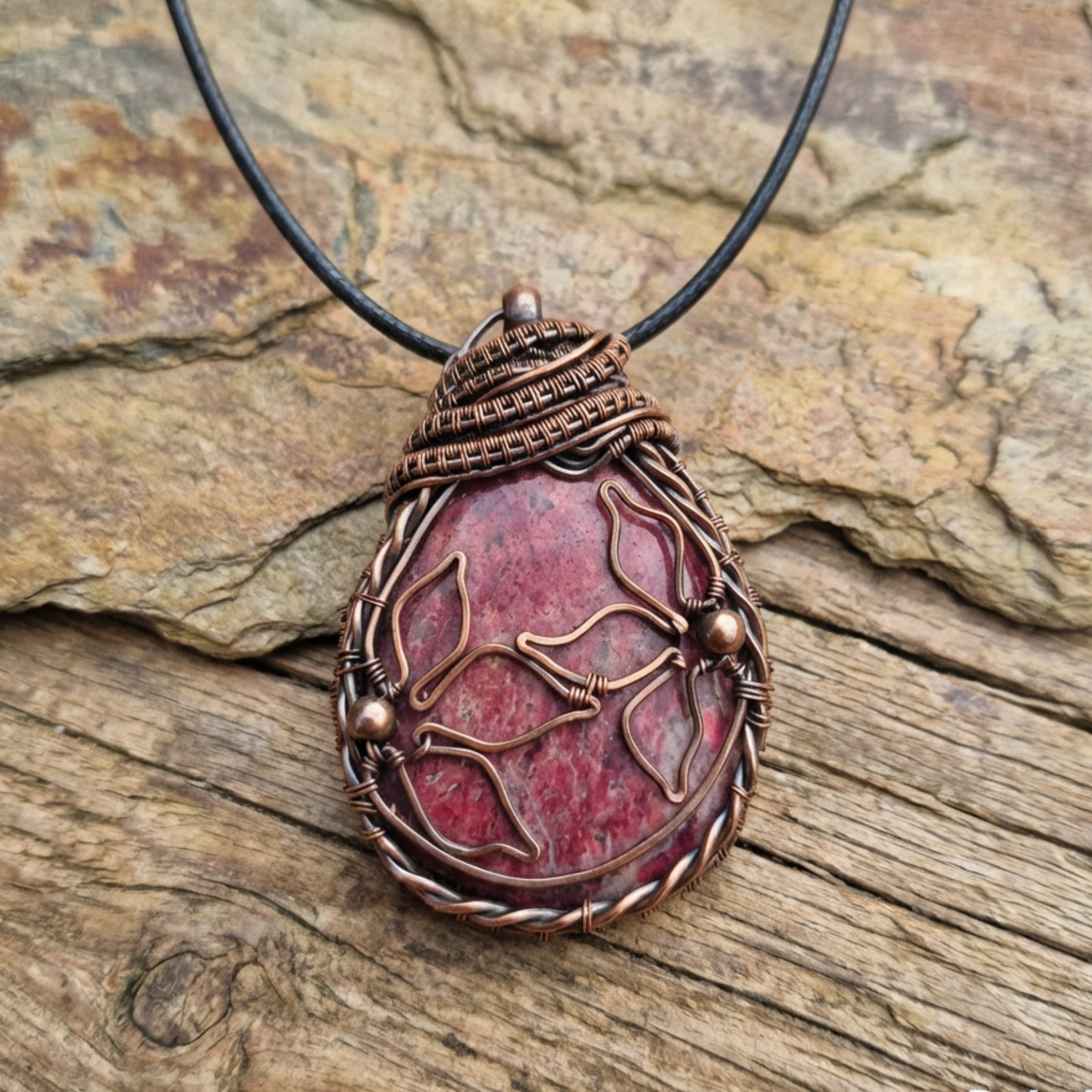 Rhodonite copper wire wrapped pendant with flowers on a stone and wood surface