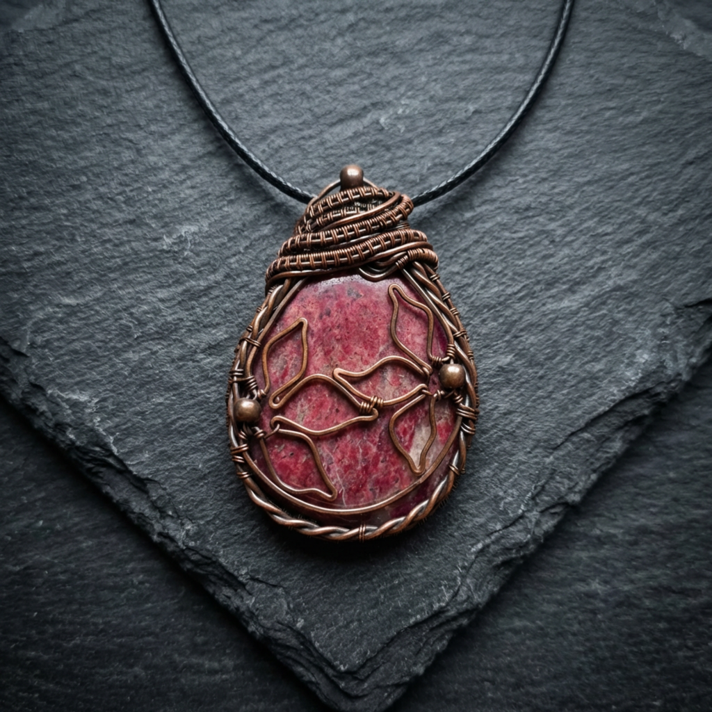 Copper wire wrapped pendant with a Rhodonite gemstone and copper wire flowers on a slate surface