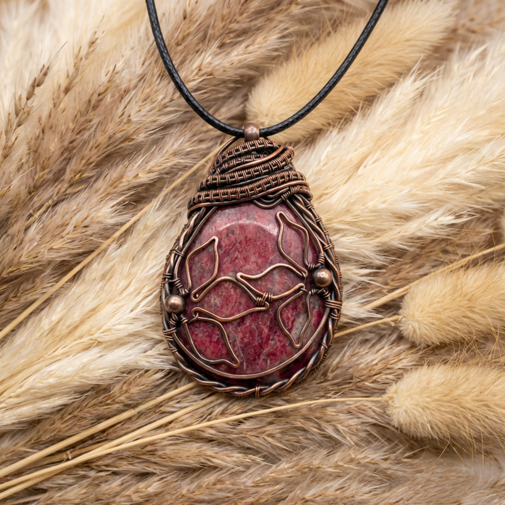 Pink and copper stone pendant on a grass background