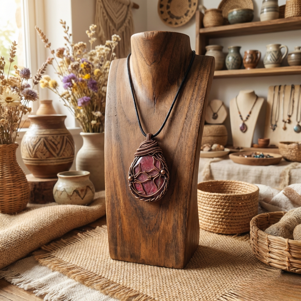 Rhodonite pendant on a jewellery stand in a rustic shop setting