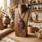 Rhodonite pendant on a jewellery stand in a rustic shop setting