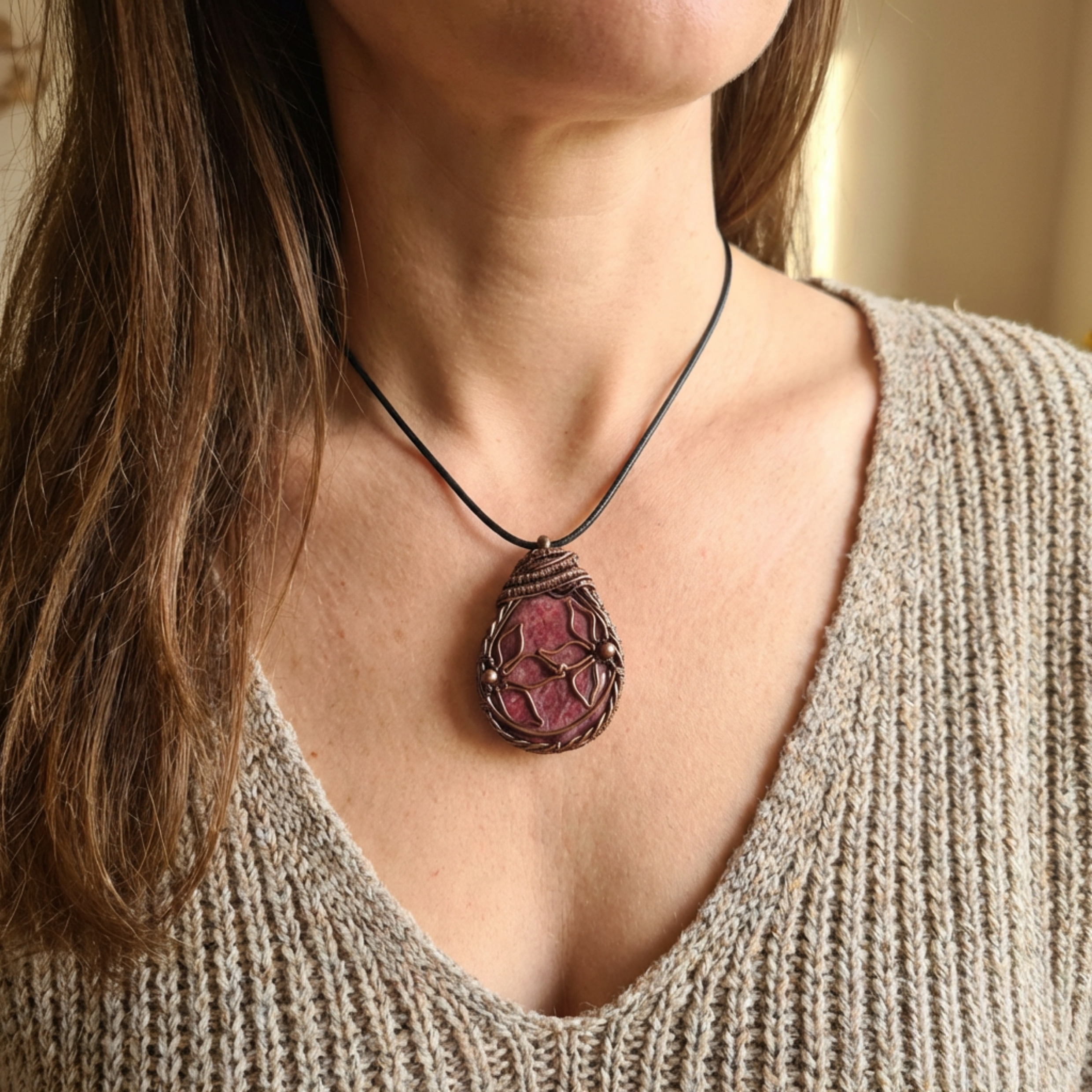 Copper wire wrapped Rhodonite pendant with floral details on a female model wearing a v neck jumper
