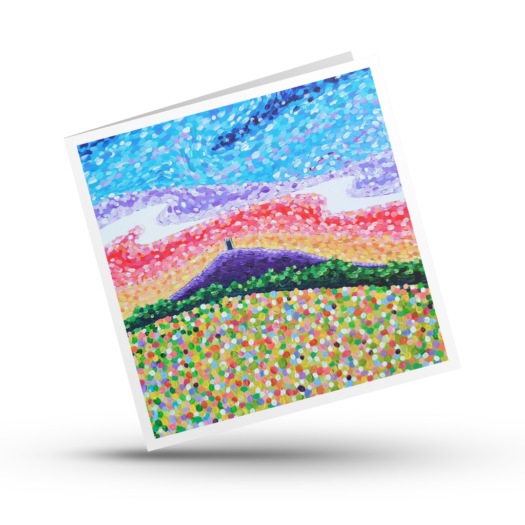 Colourful abstract painting with Glastonbury Tor and landscape on a white background in a pointillism style