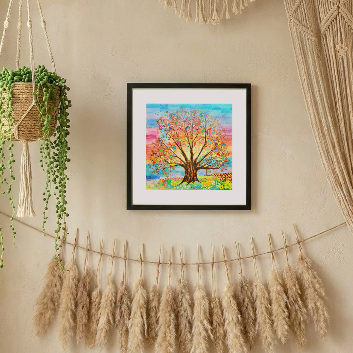Framed colourful tree of life artwork on a wall with potted plants and decorative strings.