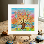 Colourful abstract tree of life painting on a wooden easel with decorative stones and leaves.