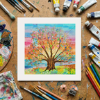 Colorful tree artwork on a wooden surface with art supplies