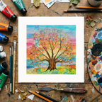 Colorful tree artwork on a wooden surface with art supplies