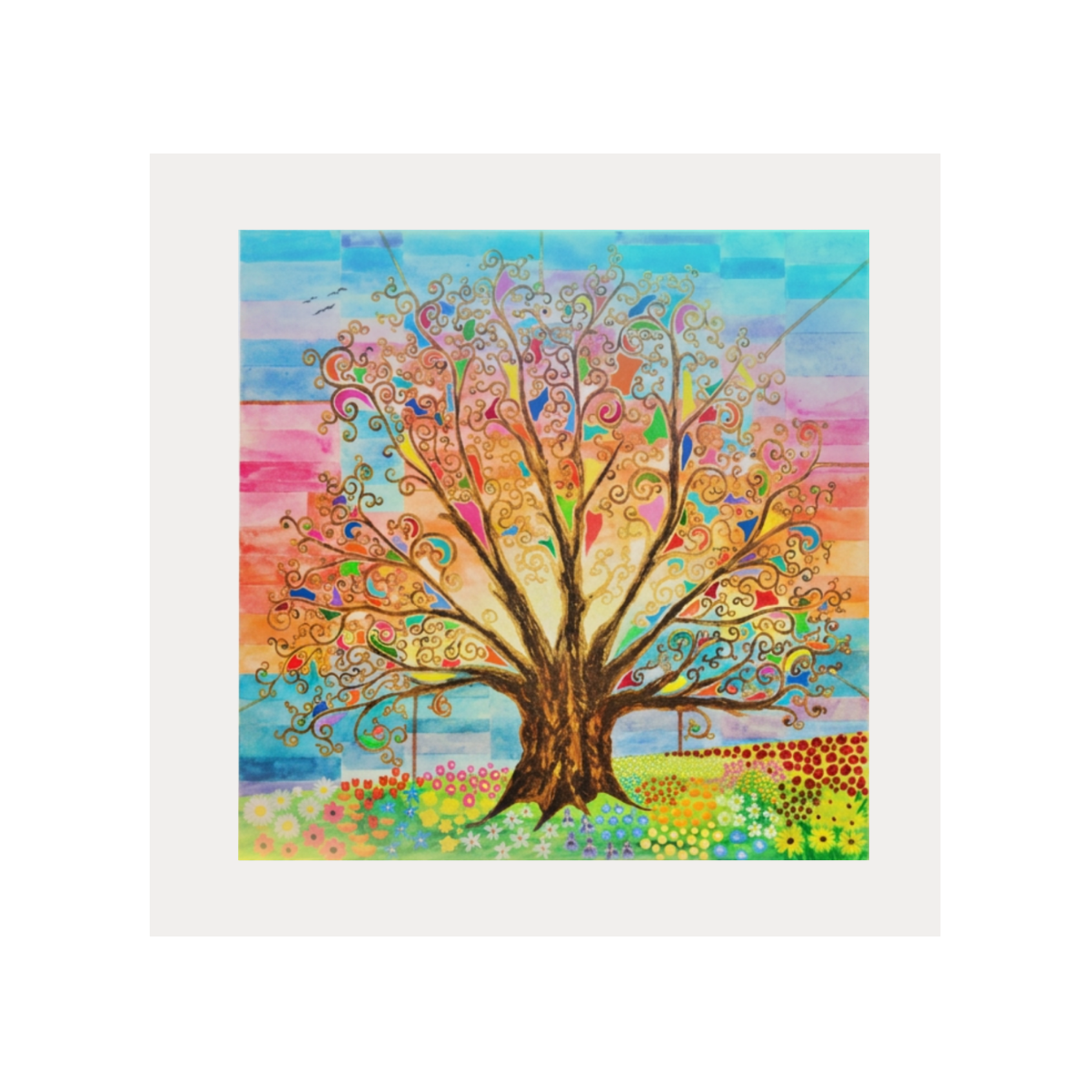 Colourful abstract tree painting on a white background