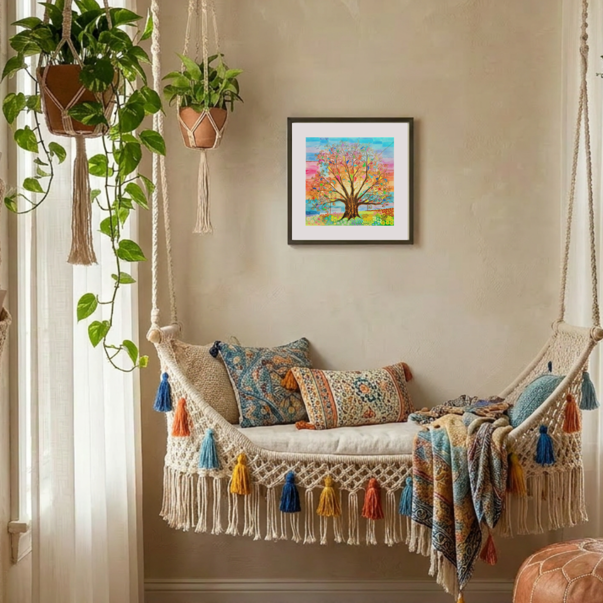 Decorative indoor swing with colorful pillows and a framed artwork of a tree of life on the wall.