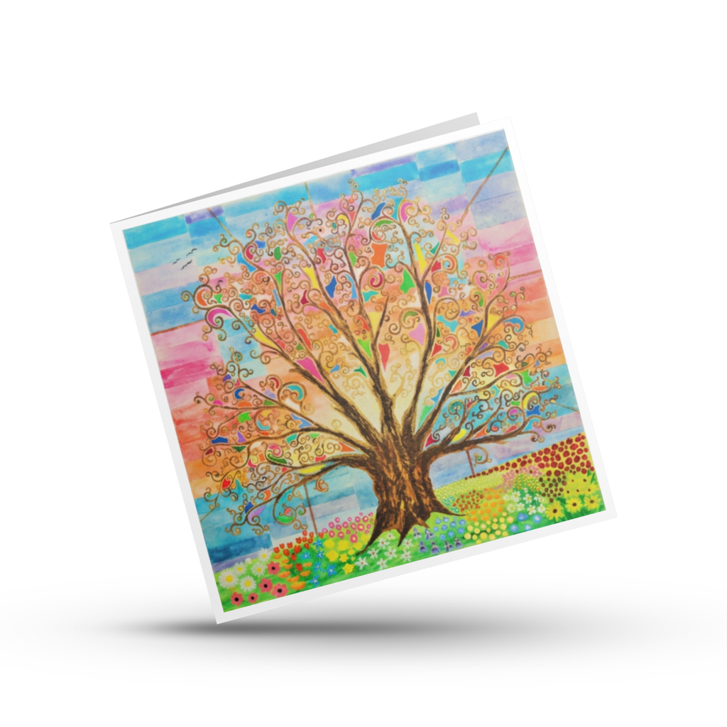 Colourful greeting card with a stylized tree of Life with prayer flags design on a white background by Mark Betson Artist