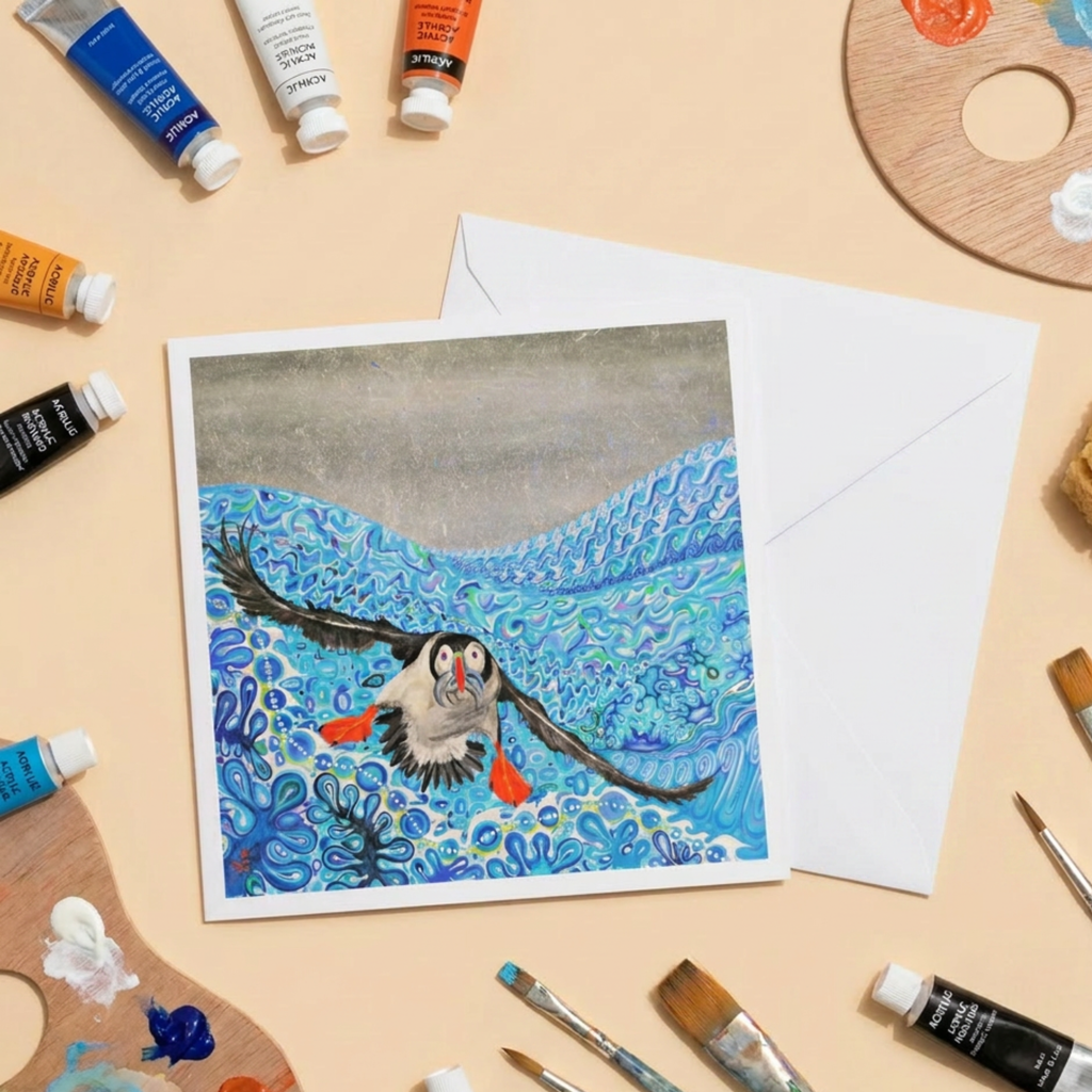 Puffin Greeting card on artists table