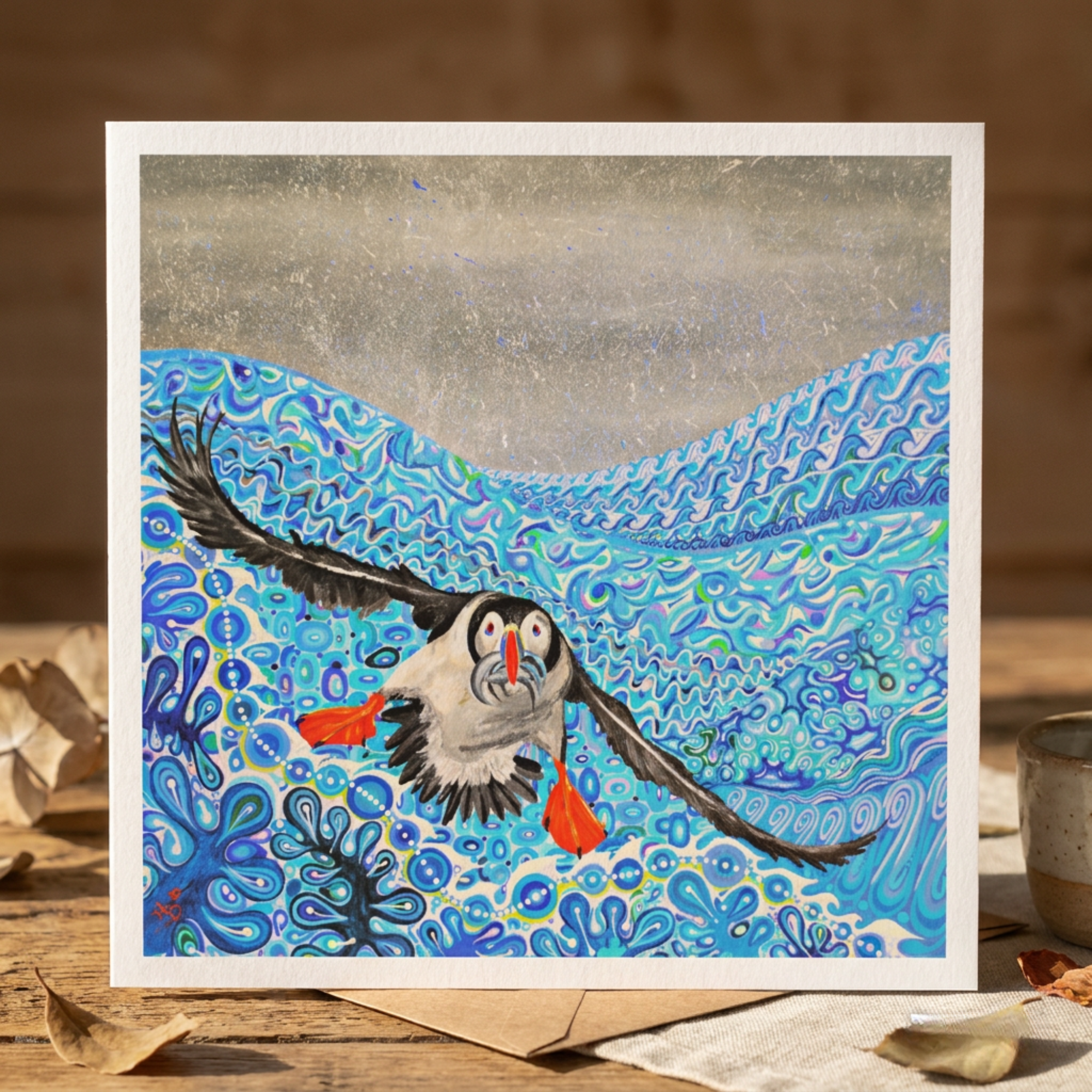 Card with a puffin illustration over a blue ocean design, on a wooden surface.
