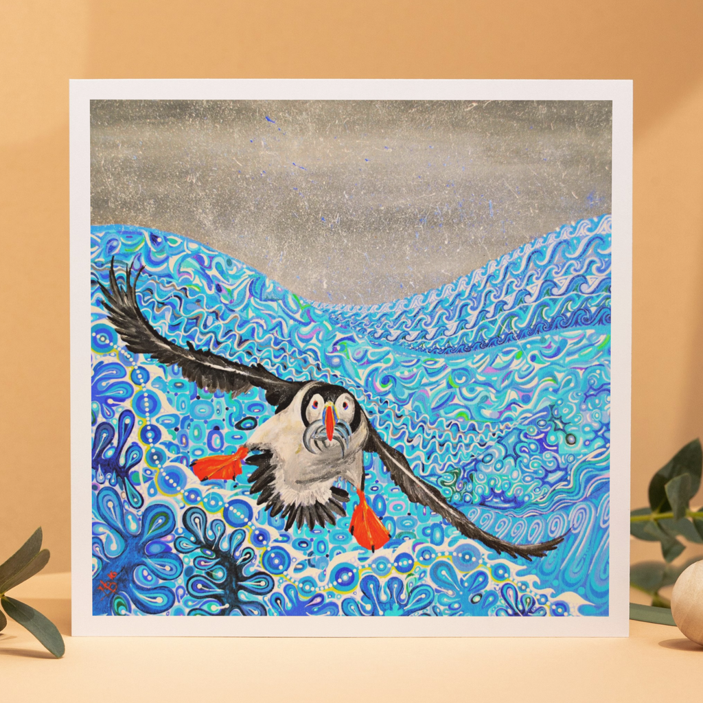 Colorful illustration of a puffin with fish in an underwater scene on a beige background