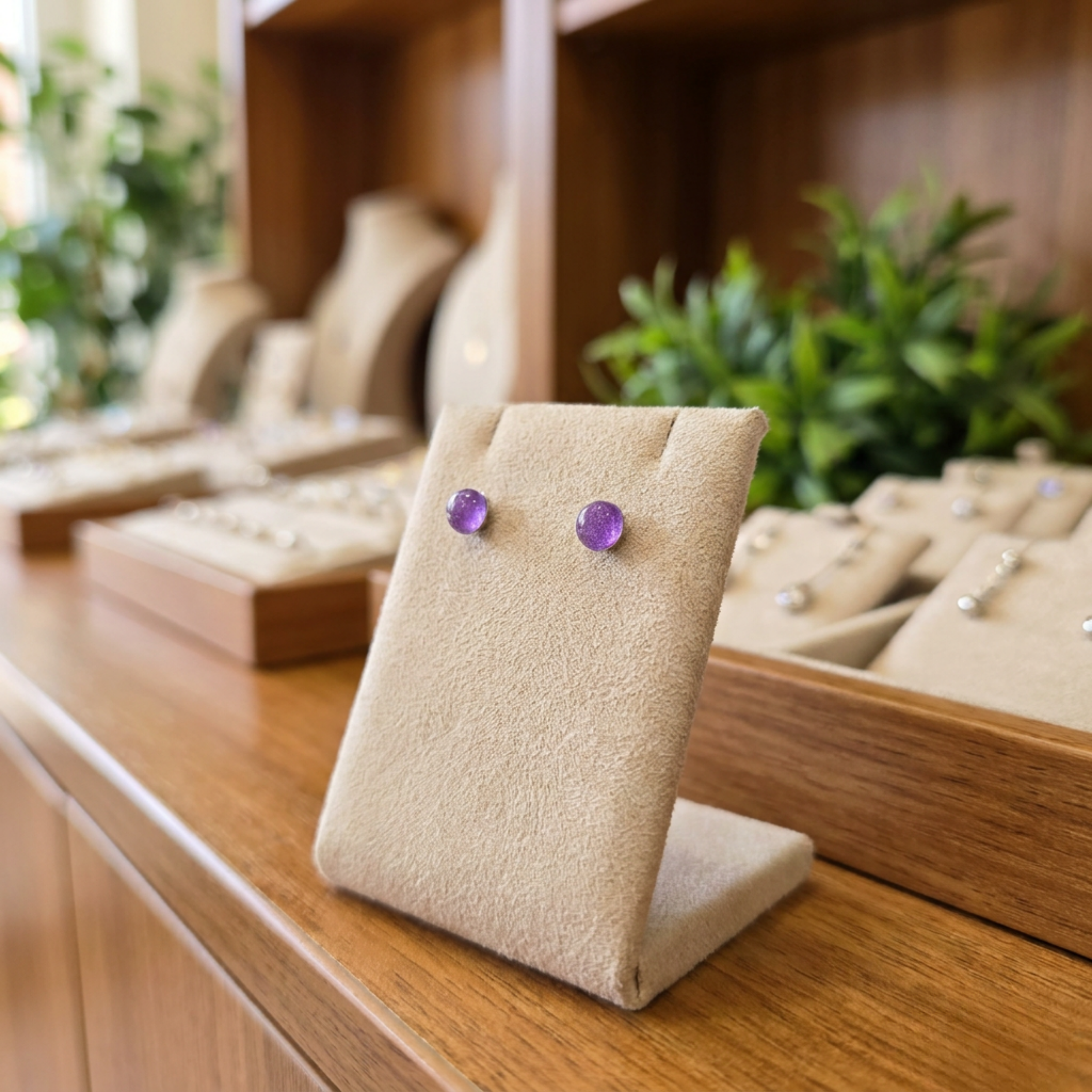 Purple earrings on a display stand with blurred jewelry store background