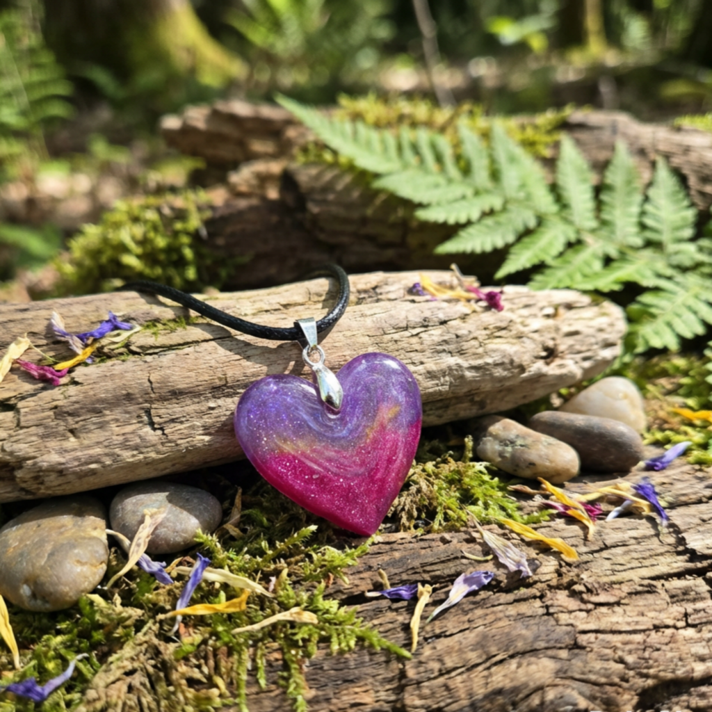 Small heart purple and pink pendant with a gold shimmer on a woodland background