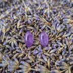 Two purple stud earrings on a bed of dried lavender flowers