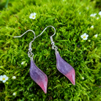 Wavey purple and pink oval drop earrings on moss