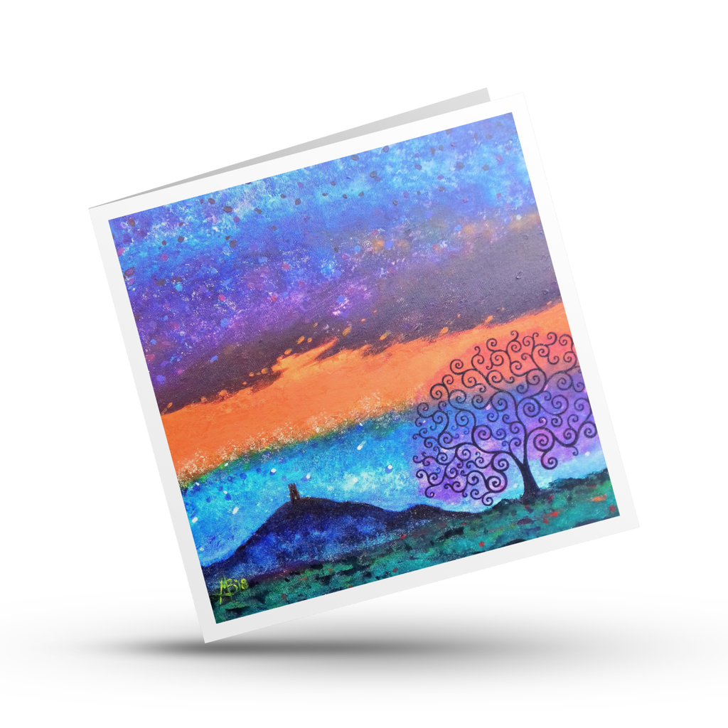 Colourful abstract painting with a spiral tree and Glastonbury Tor  design on a white background
