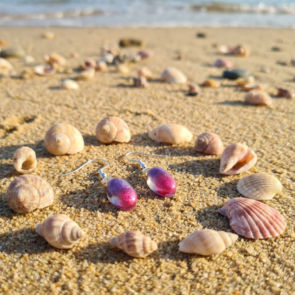 Colorful earrings on a sandy beach with seashells.