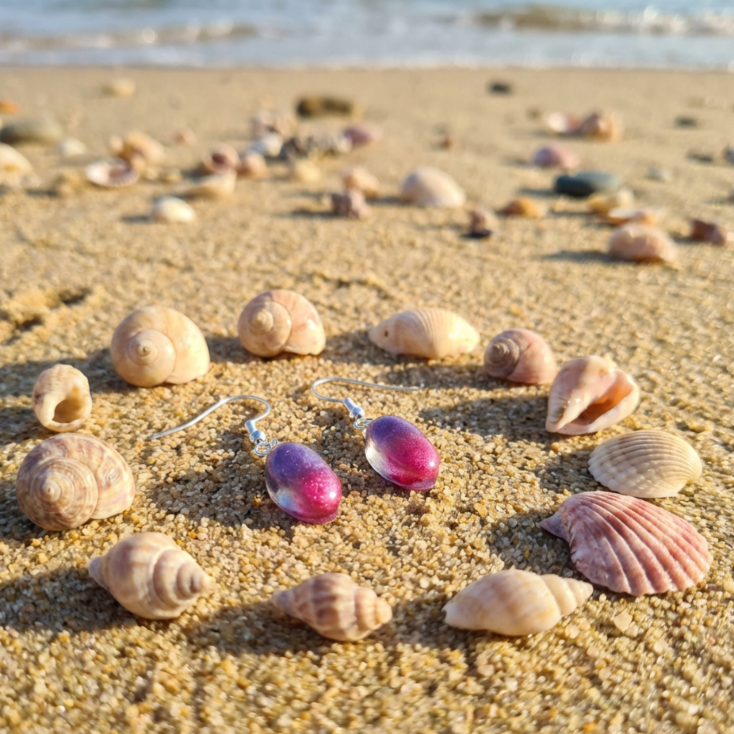 Colorful earrings on a sandy beach with seashells.