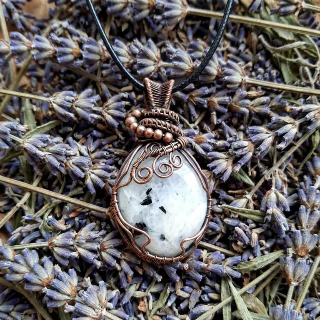 Necklace with a white stone pendant on a bed of lavender flowers