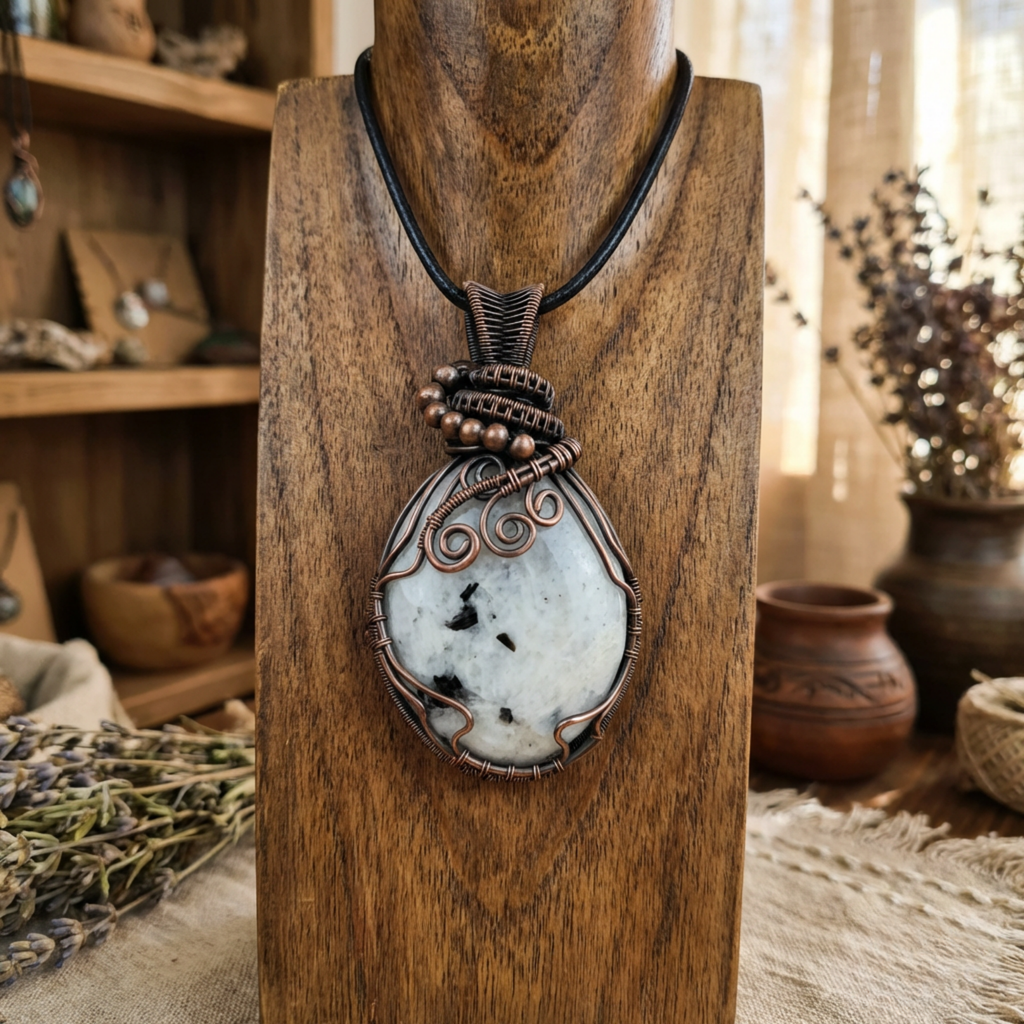 Necklace with a pendant on a wooden stand in a warm, rustic setting.
