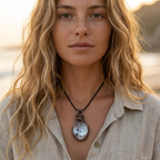 Woman wearing a necklace with a pendant outdoors