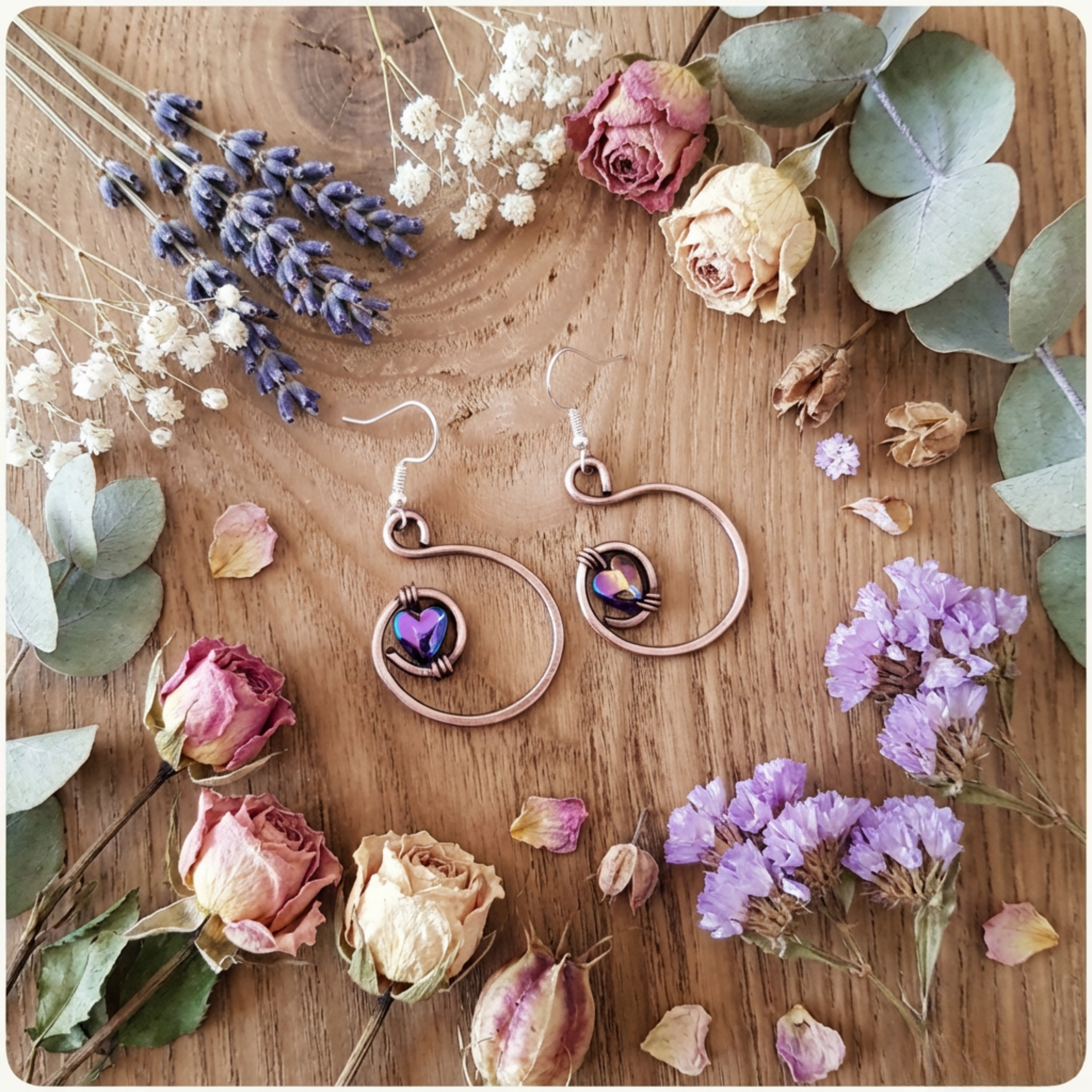 Rainbow hematite heart hoop copper earrings, full view, handmade gemstone earrings UK