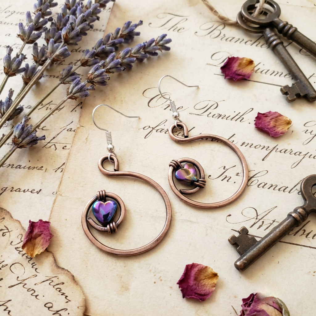 Rainbow hematite heart hoop copper earrings flat lay, handmade boho gemstone earrings UK