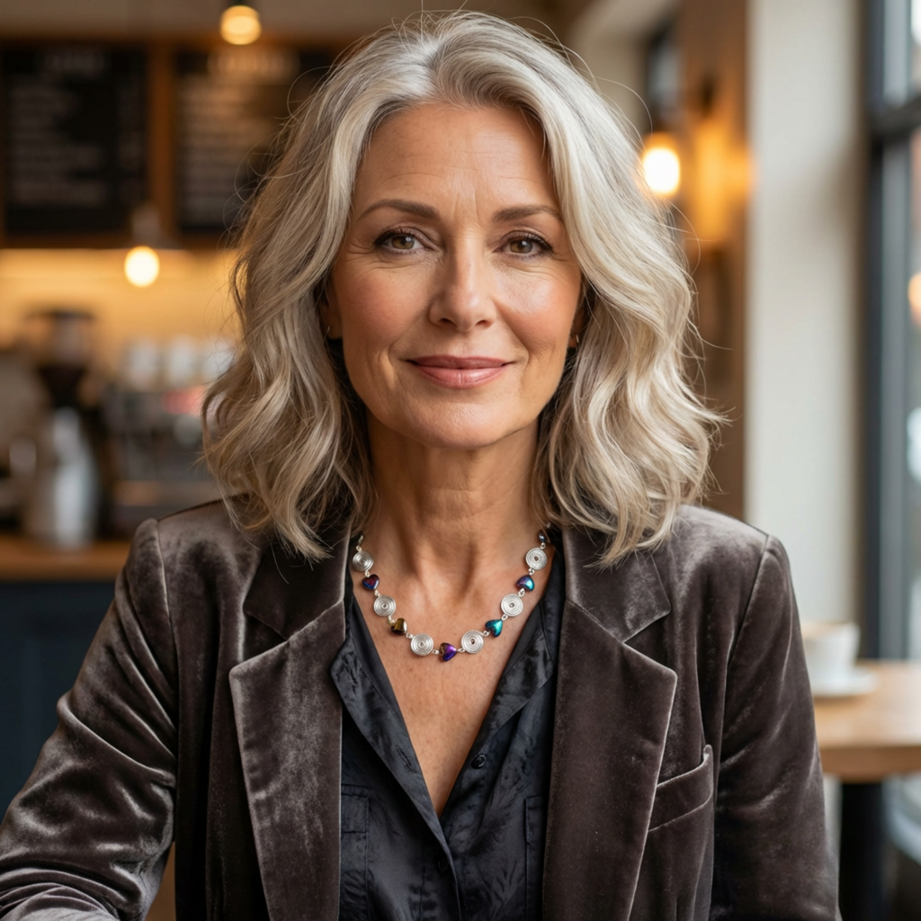 Woman with gray hair wearing a brown jacket in a cafe setting and a silver spiral necklace with hematite heart beads