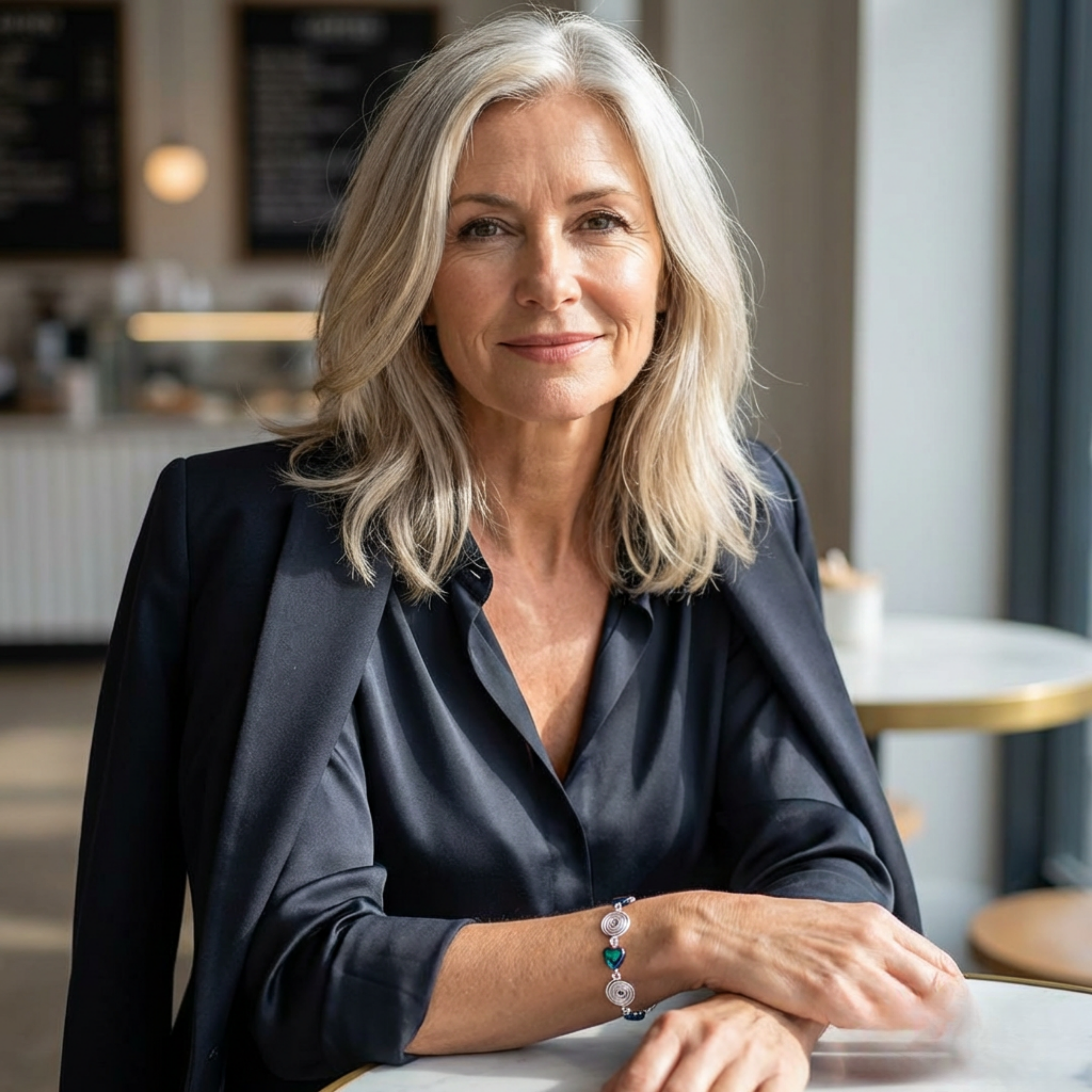 Woman with grey hair wearing a dark blue shirt and jacket and a silver spiral and Hematite heart bracelet in an indoor setting