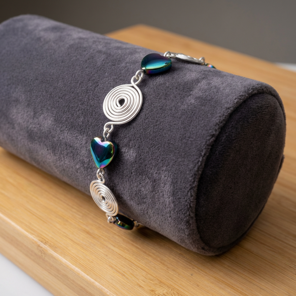 Bracelet with heart and circular designs on a grey cylindrical pillow against a wooden surface.