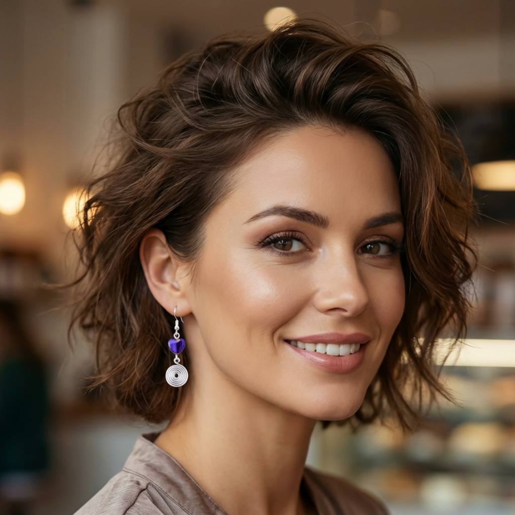 Woman with styled hair and earrings in a blurred indoor setting