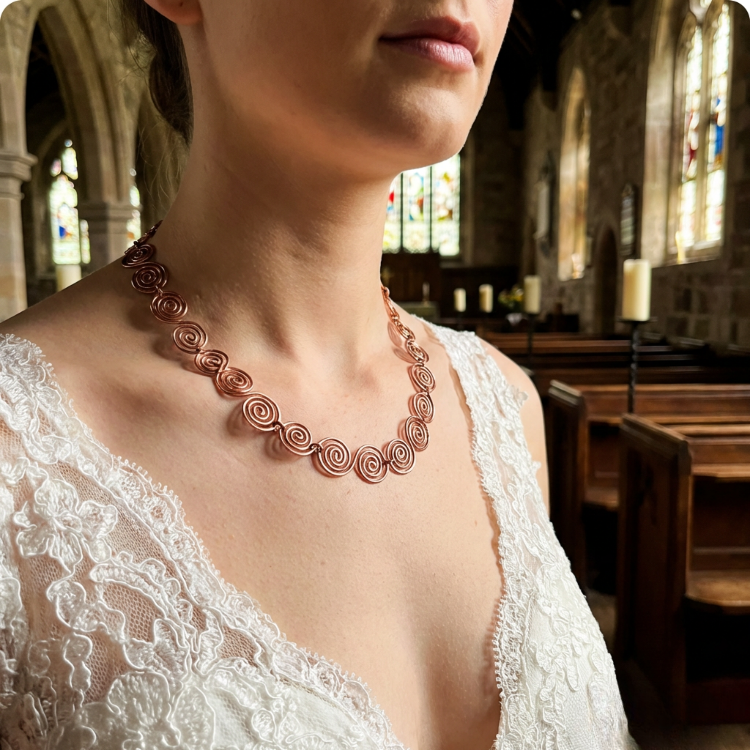 Person wearing a copper necklace in a church setting