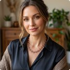 Woman wearing a black shirt and brown cardigan with a copper necklace, standing in a room with plants.